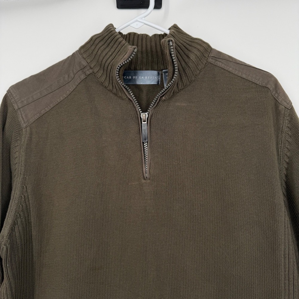 Oscar de la Renta‎ Men Quarter Zip Knit Sweater Olive Green Size L Preppy Office - Picture 3 of 5